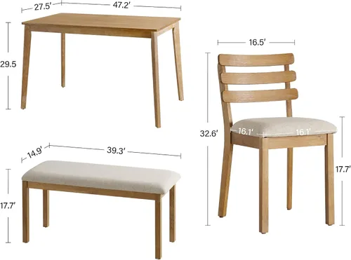 Miniatura 6 de SIMTONAL Juego de comedor de 4 piezas estilo granja, mesa de madera con 2 sillas, banco, mesa de madera moderna de mediados de siglo y juego