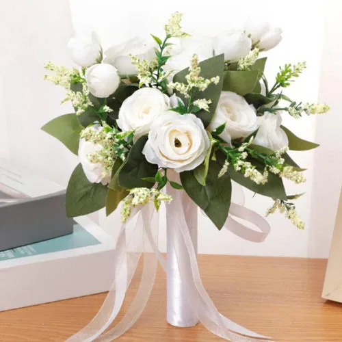 Miniatura 5 de EUBUY Ramos de boda para dama de honor, rosas artificiales blancas de 10.2 pulgadas, juego de ramos de seda de la serie Forest con lazo de cinta