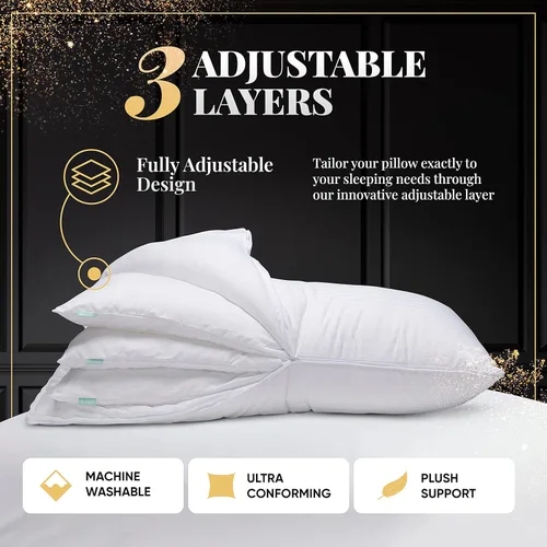 Miniatura 2 de EverSnug Juego de 2 almohadas de lujo de capa ajustable para dormir de lado, delanteros y traseros, almohadas refrescantes de hotel con 3 capas