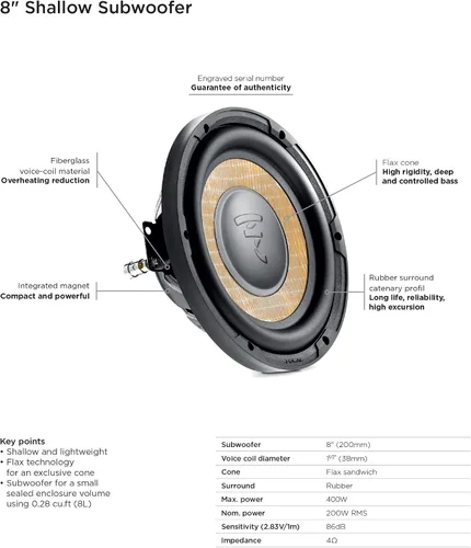 Miniatura 5 de Focal Sub P 20 FSE Flax Subwoofer poco profundo de 8 pulgadas, 4 ohmios, 200 W