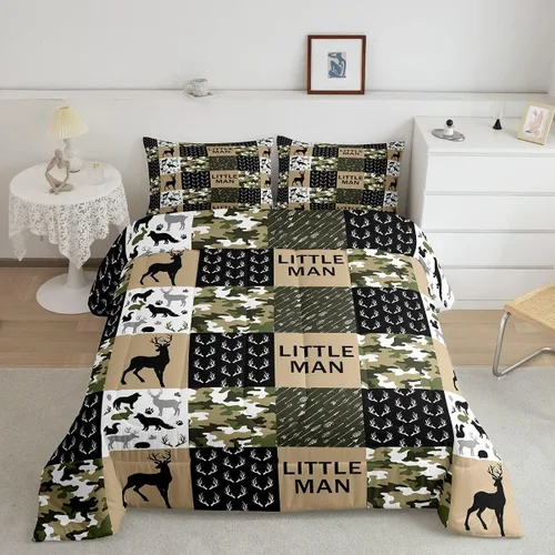 Miniatura 181 de Juego de edredón de cuernos de ciervo tamaño individual, juego de ropa de cama rústica de granja con huellas de oso y pinos para decoración