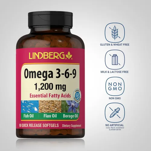 Miniatura 3 de Lindberg Suplemento Omega 3 6 9 1200 mg 90 cápsulas blandas de liberación rápida con aceite de pescado, lino y borraja Ácidos grasos
