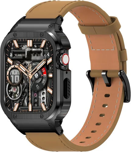 Miniatura 7 de SUPLINK Correa de cuero con funda de acero inoxidable para Apple Watch Ultra 3/2/1 y SE 3/2/1 y Series 11 10 9 8 7 6 5 4 3 2 1 1.929 in 1.811 in