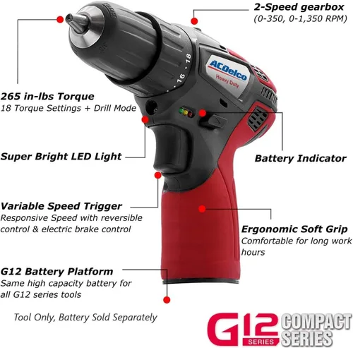 Miniatura 4 de ACDelco ARW1209-K16 Serie G12 12V Li-ion Inalámbrico 3/8" Llave de trinquete y taladro compacto Kit de herramientas combinado