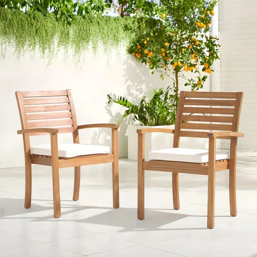Miniatura 2 de OC Orange-Casual Juego de 2 sillas de comedor apilables para patio, sillas de madera de acacia para exteriores con reposabrazos y cojín de tela Beige