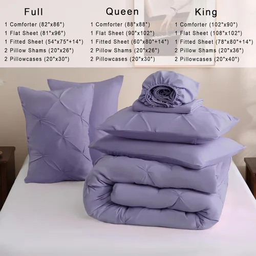 Miniatura 6 de DOWNCOOL Juego de edredón de 7 piezas color púrpura lavanda tamaño completo, cama en una bolsa con pintuck, juego de cama tamaño completo