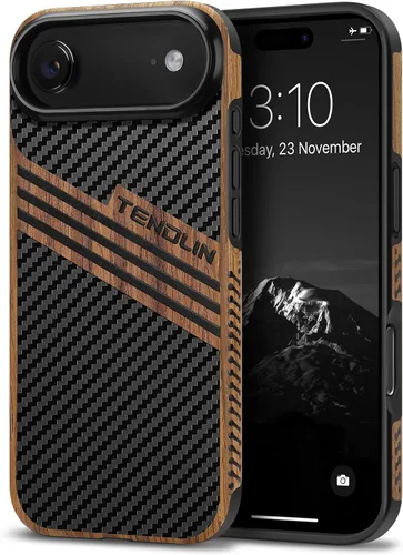 Miniatura 41 de TENDLIN Compatible con iPhone 17 Pro Max Funda de madera con textura de fibra de carbono Diseño de cuero híbrido delgado (negro)