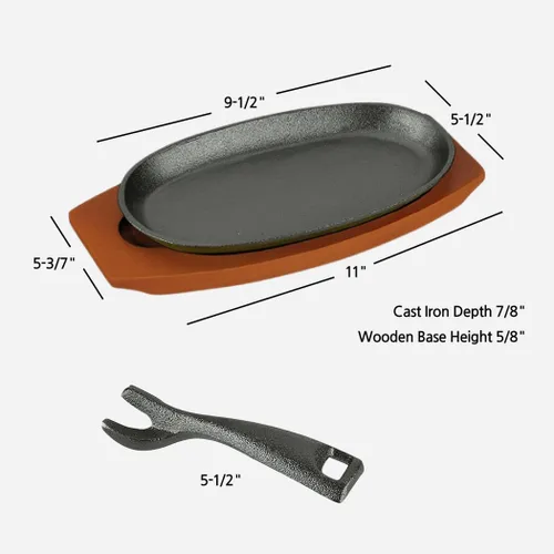 Miniatura 5 de JapanBargain, Juego de 2 platos chisporroteantes de hierro fundido con bases de madera, platos para servir carne y fajita, parrilla pre-sazonada