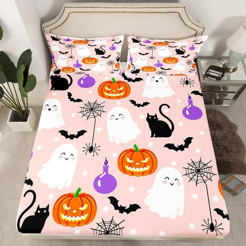 Miniatura 9 de Juego de sábanas bajeras con bonito diseño de gato negro para niños y niñas, diseño de dibujos animados de Halloween, gato, animales, sábanas