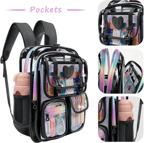 Miniatura 4 de Mochila transparente de PVC impermeable y resistente al congelamiento, de gran capacidad, elegante y duradera para viajes, Negro, Moderno