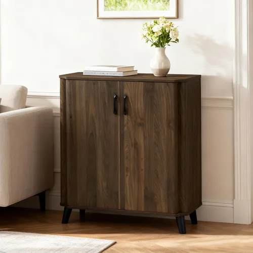 Miniatura 7 de LuxenHome - Armario buffet con almacenamiento, gabinete moderno de mediados de siglo con borde curvo, gabinete de café de nogal, pequeño armario