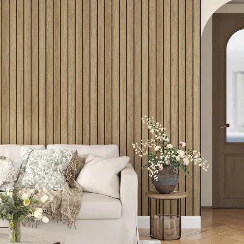 Miniatura 2 de Paneles de Madera Marrón 3D para Paredes 120" x 12" Paneles de Pared de Listones Acústicos Despegar y Pegar Paneles de Madera Autoadhesivos