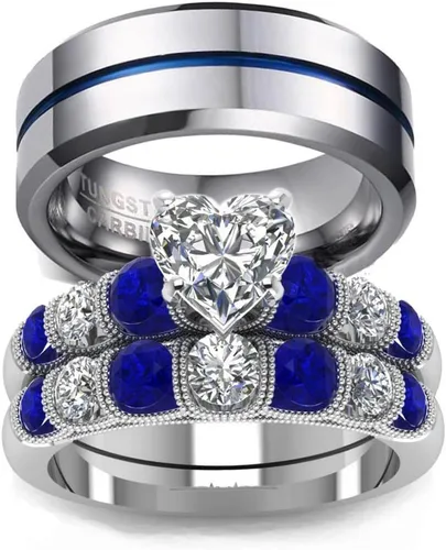 Miniatura 35 de Conjunto de dos anillos de boda para él y para ella, anillos para parejas. Anillos de compromiso para novia en acero inoxidable chapado en oro Blanco