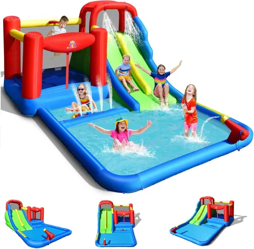 BOUNTECH Tobogán acuático inflable, 7 en 1 doble tobogán para niños, parque acuático para niños, toboganes de agua inflables para exteriores con