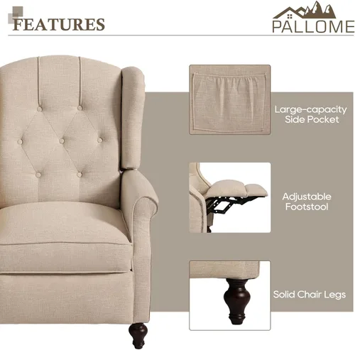 Miniatura 6 de Silla reclinable PALLOME con respaldo alto, asiento con masaje y calor, tapizado de tela, con respaldo acolchado, silla reclinable para sala de Beige