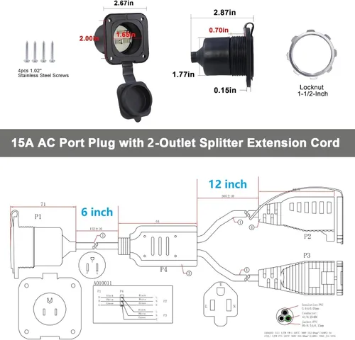 Miniatura 2 de Enchufe de Puerto de CA de 15A - Toma de Entrada de Alimentación de 125V con Cable de Extensión Doble de 18 Pulgadas, Enchufe NEMA 5-15 con Entrada