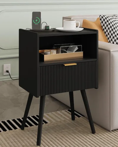 Miniatura 10 de Veegle Mesita de noche, moderna mesita de noche con cajón de almacenamiento y estante de madera abierta, mesita de noche decorativa con patas
