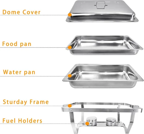 Miniatura 8 de Juego de 2 platos de 8 cuartos de galón para buffet de acero inoxidable, juego completo de calentador de alimentos con bandeja de agua