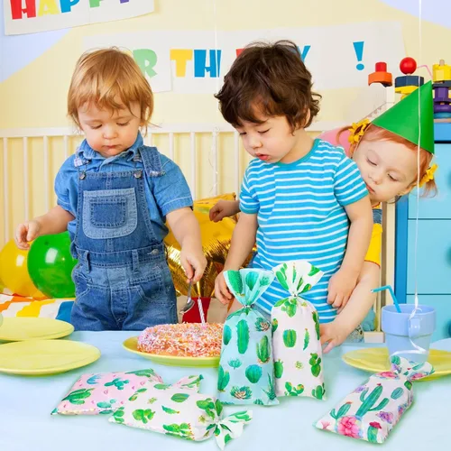 Miniatura 5 de Fulmoon 100 bolsas de caramelos de cactus florales con lazos, bolsas de celofán con lazos, regalos de fiesta, regalo de cactus, decoraciones