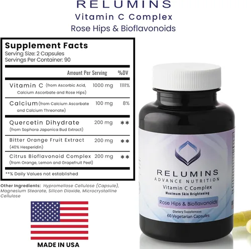 Miniatura 8 de Relumins Advance Vitamina C - Complejo iluminador de la piel MAX con escaramujos y bioflavonoides - 180 cápsulas