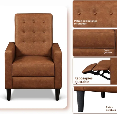 Miniatura 5 de Yaheetech - Sofá reclinable de cuero sintético, silla reclinable individual moderna de mediados de siglo, respaldo y reposapiés ajustables, sofá