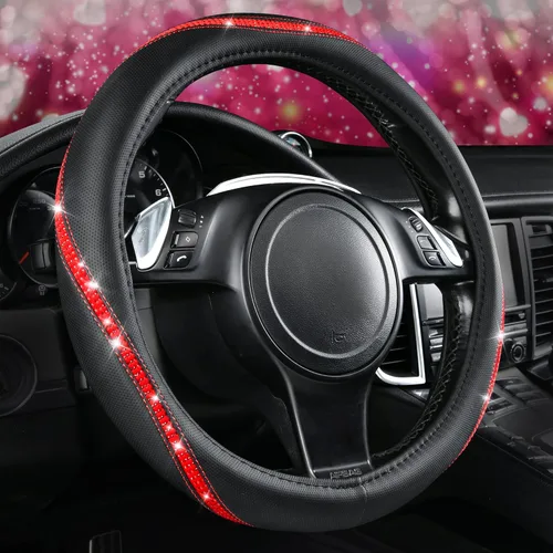 Miniatura 15 de CAR PASS Funda para Volante de Cuero Rosa con Diamantes de Imitación Brillantes, Piedras de Imitación Brillantes con Tachuelas Ajuste Universal 14