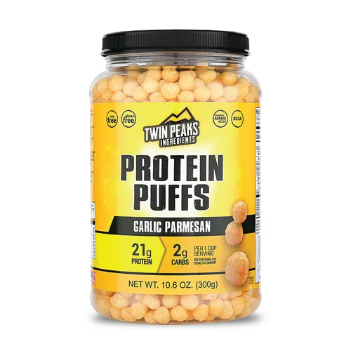 Twin Peaks Inflados de Proteína - (Ajo Parmesano), Apto para Dieta Cetogénica, Refrigerio Bajo en Carbohidratos (10.58 oz, 21g de Proteína, 2g de