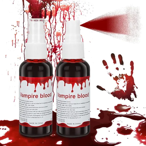 Paquete de 2 piezas de sangre falsa lavable con salpicaduras de sangre, aerosol de sangre falsa para Halloween, gotas de sangre para ojos, pintura