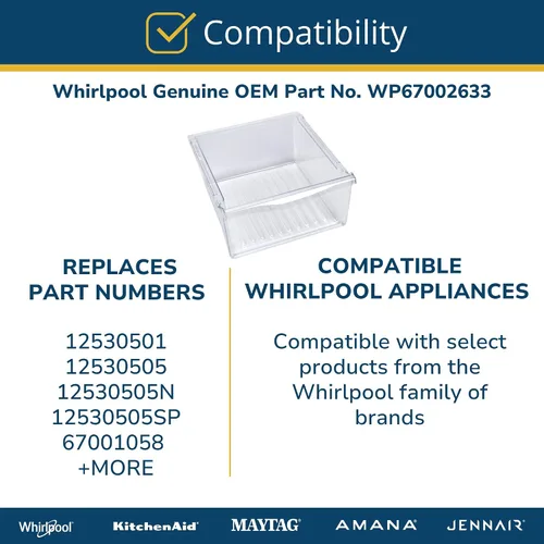 Miniatura 8 de Whirlpool WP67002633 Pieza de repuesto para cajón de fresas de refrigerador SxS original OEM - Reemplaza 12530501, 12530505, 12530505N y más