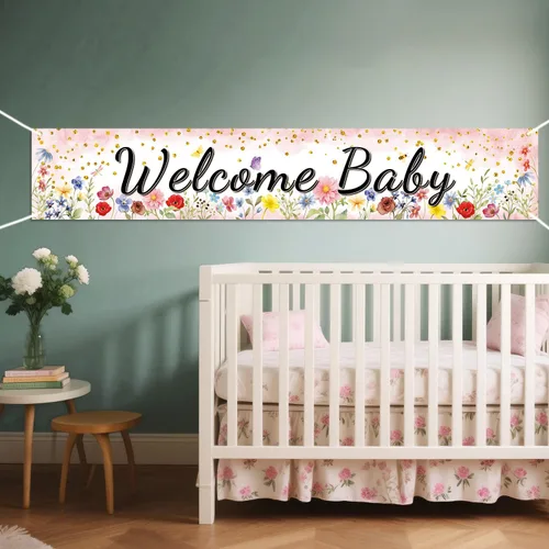 Cartel de bienvenida de primavera para bebé, decoraciones de género neutro para baby shower, diseño de acuarela floral rosa coral, grande de 70.8 x