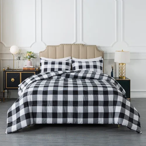 Caressma Juego de edredón a cuadros tamaño individual, juego de ropa de cama de edredón a cuadros negros y blancos para todas las estaciones,
