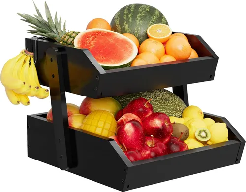 Miniatura 15 de Cesta de frutas de bambú de 2 niveles para encimera de cocina, encimera de almacenamiento de frutas de gran capacidad, soporte para frutas