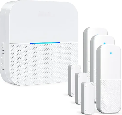 AIDA Alarmas de puerta cuando se abre alarma inalámbrica con sensor de timbre para negocios/hogar/niños, rango de 600 pies, 58 tonos de llamada, 5