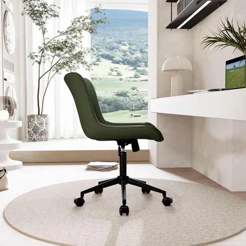 Miniatura 7 de YOUNIKE Silla de oficina, silla de escritorio sin brazos, silla de computadora con ruedas, moderna silla tapizada de piel sintética, silla de Oliva