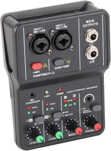 Miniatura 7 de Mezclador de audio, 2 canales, mezclador estéreo de audio USB 48 V, consola de mezcla de sonido compacta para grabación de música, karaoke en casa
