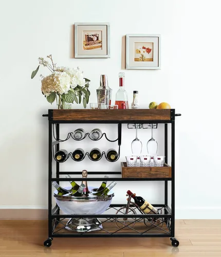 Miniatura 8 de Carrito de bar para el hogar, carrito de servicio industrial de 3 neumáticos con ruedas bloqueables, carrito de bebidas alcohólicas con 2 bandejas