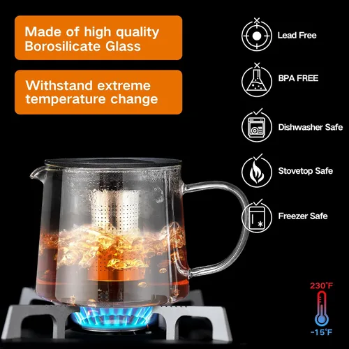 Miniatura 2 de Tetera de vidrio de 51 oz/50.7 fl oz con infusor de acero inoxidable extraíble, tetera de vidrio de borosilicato resistente al calor, hervidor de té