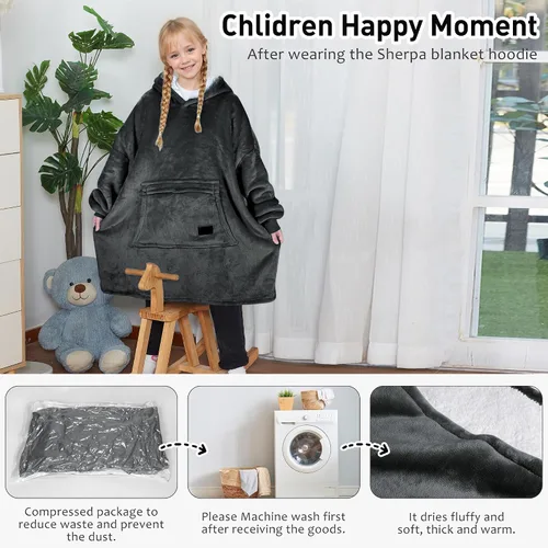 Miniatura 5 de Solaris - Sudadera con capucha tipo manta para niños - Regalo cálido y suave, sudadera de forro polar Sherpa de gran tamaño y acogedora para Gris