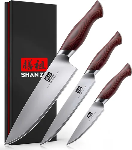 SHAN ZU Juego de cuchillos japoneses de 3 piezas, juego de cuchillos de chef de acero inoxidable 10Cr15Mov de alto carbono, juego de cuchillos de