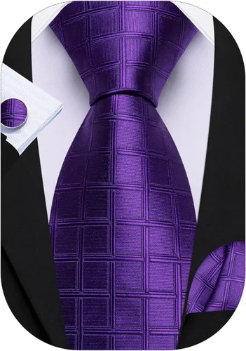 Miniatura 138 de Barry.Wang Juego de corbatas a cuadros para hombre con pañuelo gemelos de rayas clásicas