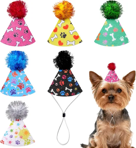 Miniatura 10 de 6 sombreros de fieltro para fiesta de cumpleaños de perro, para perros grandes, XL, XXL, estampado de huesos de pata de perro con pompones