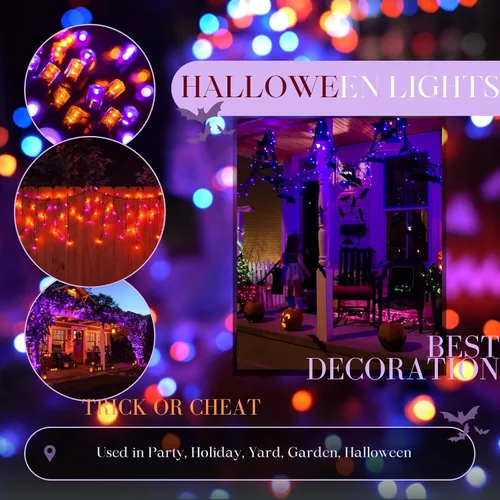 Miniatura 5 de Guirnalda de luces moradas y naranjas de Halloween, se pueden conectar entre sí, 2 unidades, 164 pies, 400 LED, 13 modos, impermeable