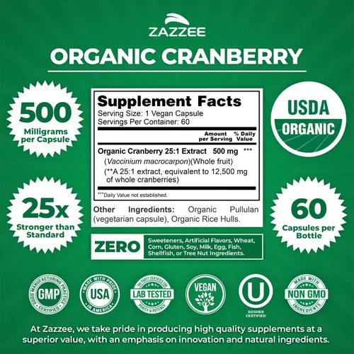 Miniatura 3 de Zazzee Extracto de arándano orgánico USDA 25:1, 500 mg por cápsula, 60 cápsulas veganas, suministro de 2 meses, extracto concentrado estandarizado