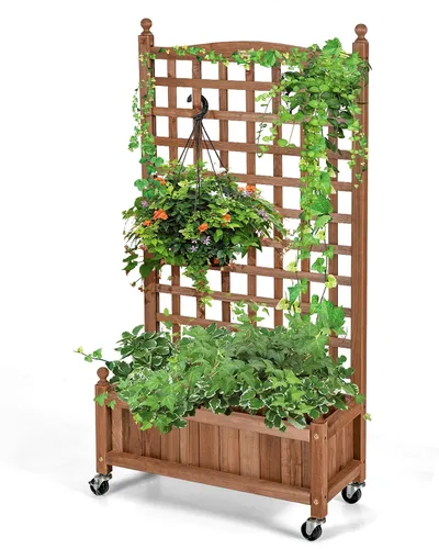 Miniatura 12 de Giantex Cama elevada móvil para plantas, maceta de madera con enrejado y ruedas, caja de flores para escalada de plantas, jardín vertical