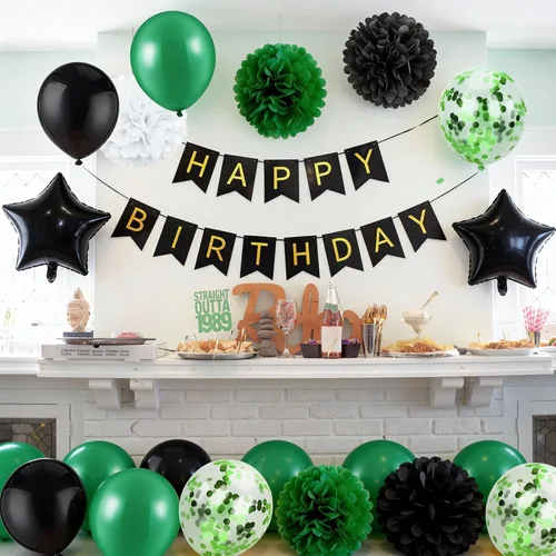 Miniatura 6 de Decoraciones de cumpleaños para hombres, suministros de decoración de fiesta verde y negro, incluyendo pancarta de feliz cumpleaños, confeti, globos