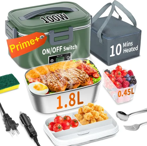 Miniatura 10 de Lonchera eléctrica térmica para adultos con 2 envases de 1.8L, interruptor de encendido/apagado de alimentación y 0.6L de doble capa, calentador