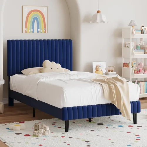 Miniatura 3 de BarnFurin Marco de Cama Individual/Cama de Plataforma Tapizada de Terciopelo con Cabecero y Pie de Cama Capitoné de Canal Vertical Ajustable/No Azul