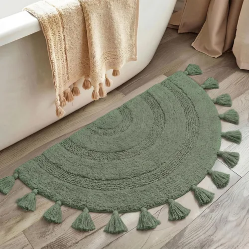 Miniatura 11 de Alfombra de medio círculo con borlas para decoración bohemia de dormitorio, extra suave, 100% algodón, tejida a mano, antideslizante, absorbente