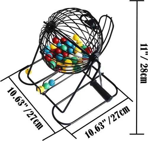 Miniatura 2 de Yuanhe Juego de bingo Jumbo – Jaula redonda de metal de 11 pulgadas, 75 bolas de colores, 100 tarjetas de bingo, 500 fichas mixtas y tablero maestro