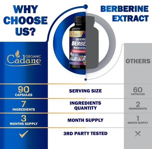 Miniatura 7 de Organic Cadane Suplemento de berberina pura 7 en 1 con quercetina, canela de Ceilán, resveratrol, cardo mariano, semilla de uva y pimienta negra